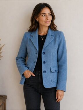 L.L. Bean Women's Blue Wool-Blend Button Front Blazer